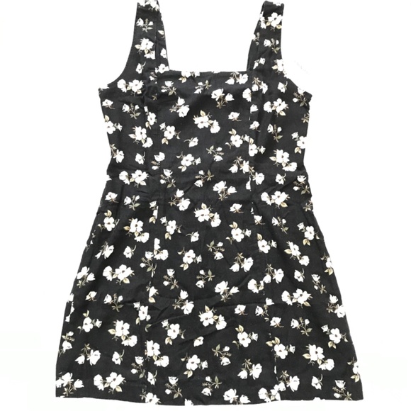 NWT Old Navy Square Neck Linen Blend Mini Dress Black White Floral M Petite - Picture 2 of 14
